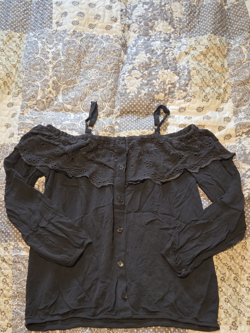 Maurices Dark Grey Off-Shoulder Eyelet Button-Front Top